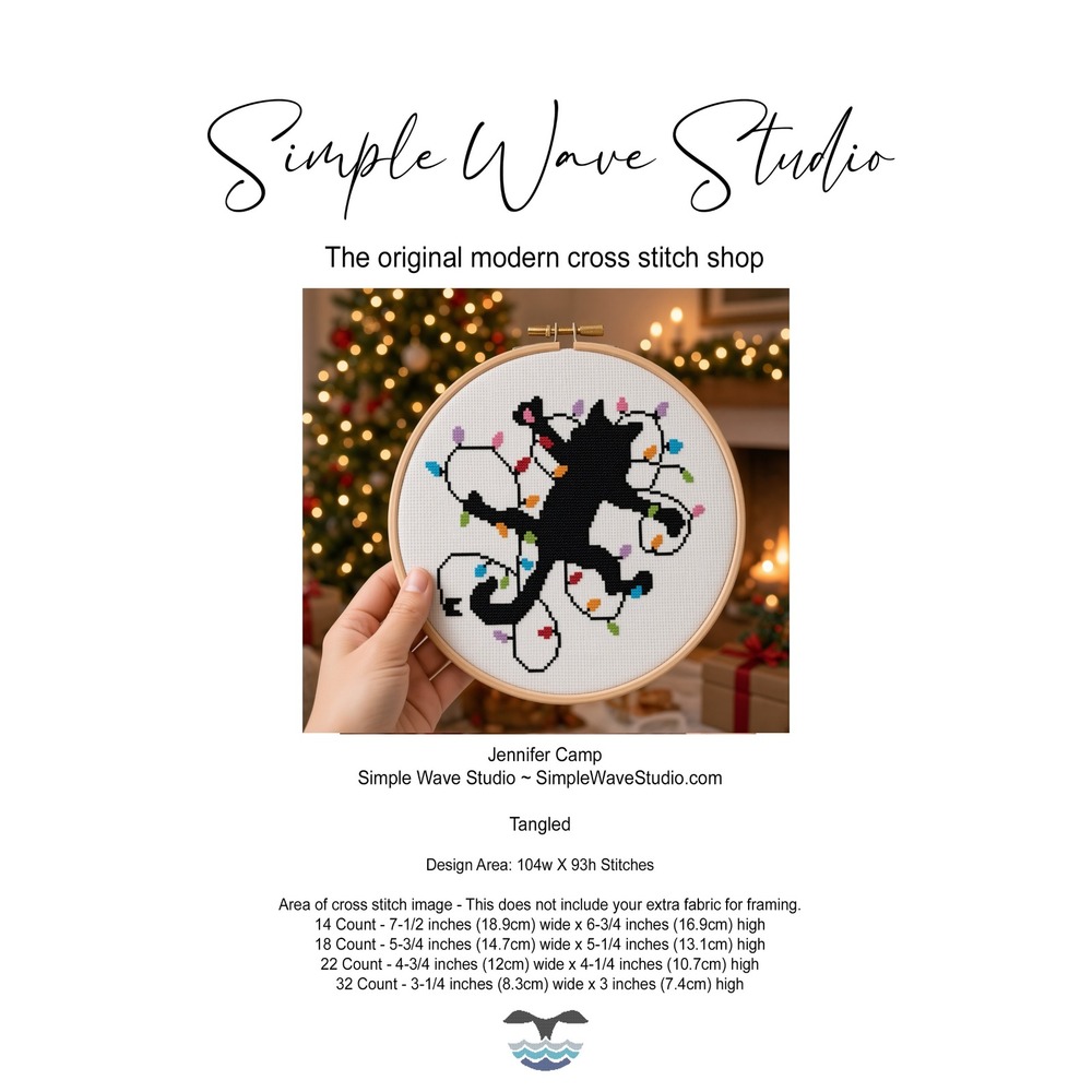 Christmas Holiday Black Cat Tangled in Lights Humor Counted Cross Stitch Pattern